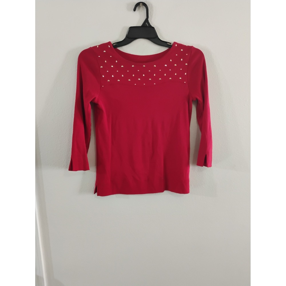 Rafaella Red Studded Yoke 3/4 Sleeve Knit Top Petite XS